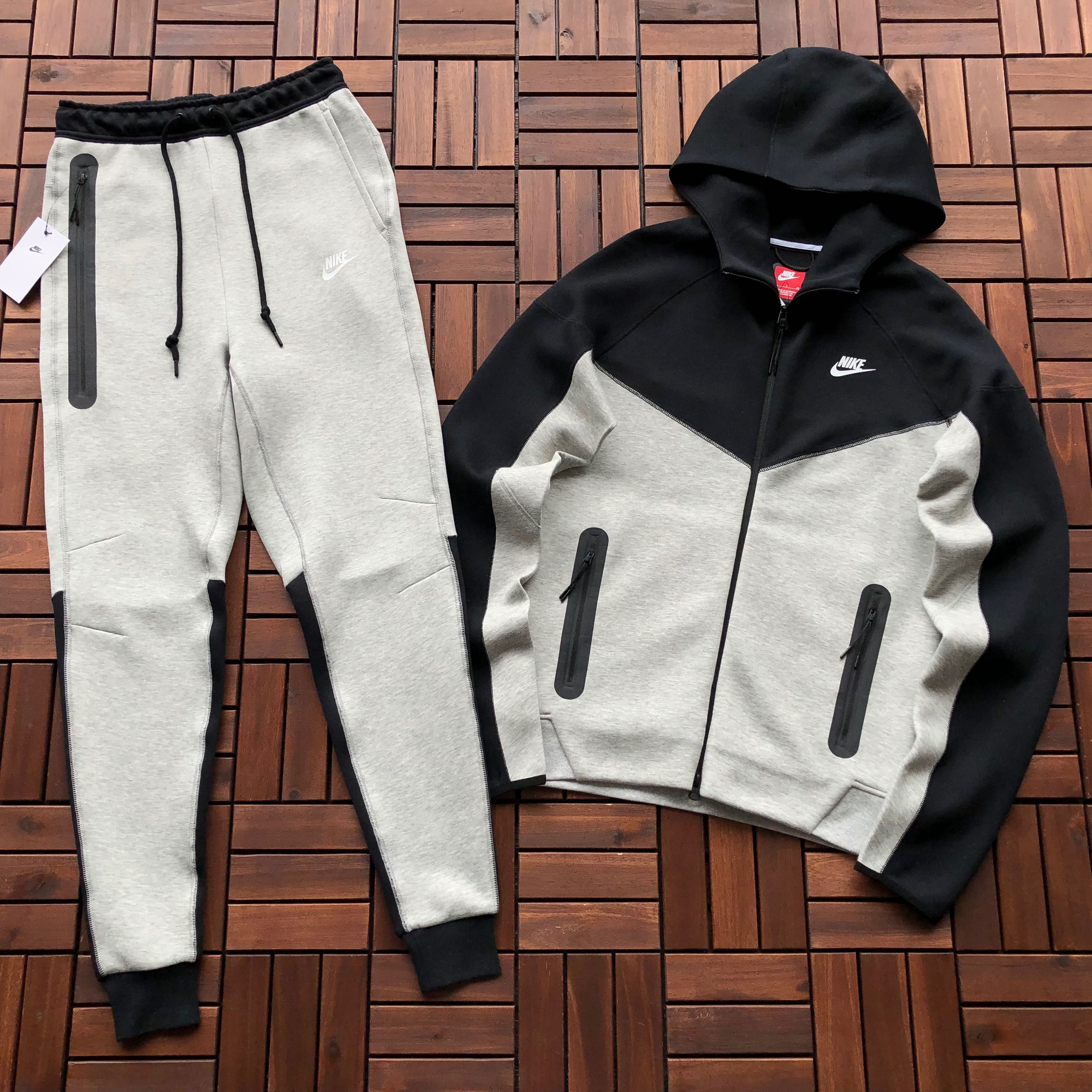 Nike Tech Fleece Full Zip Hoodie + Joggers - Dark Grey Heather/Black/White