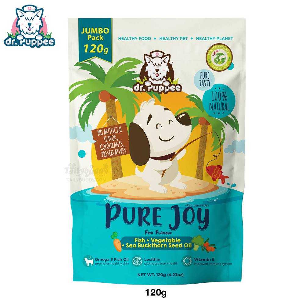 PURE Joy Fish ขนมเพียวจอย ขนมสุนัขเพื่อสุขภาพ สูตรปลา และผัก 3 สี บำรุงขน ลดการอักเสบของผิวหนัง 120g