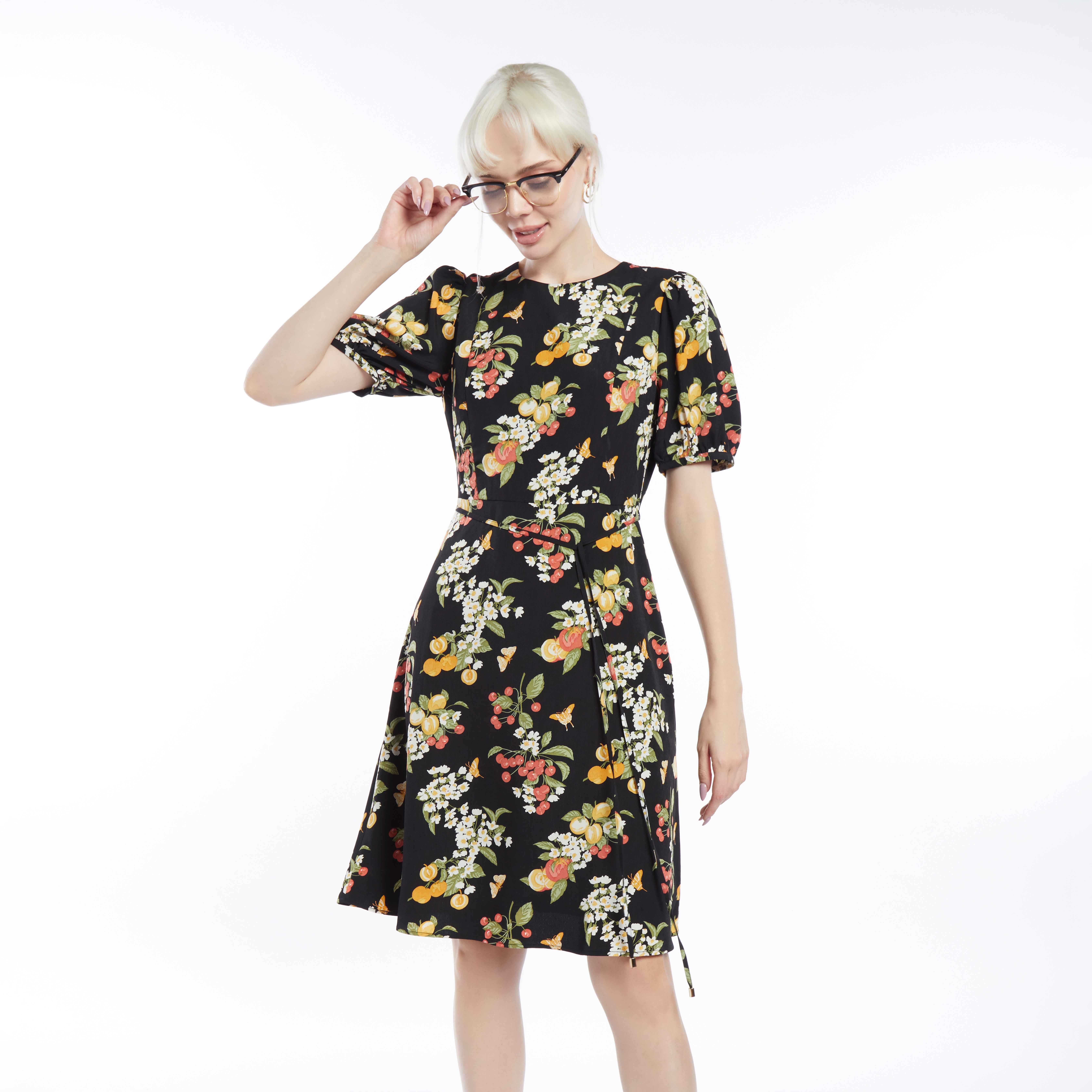 เดรสทรงแฟลร์ลายดอกไม้ | Fruit and Floral Print Fit and Flare Dress | 01012