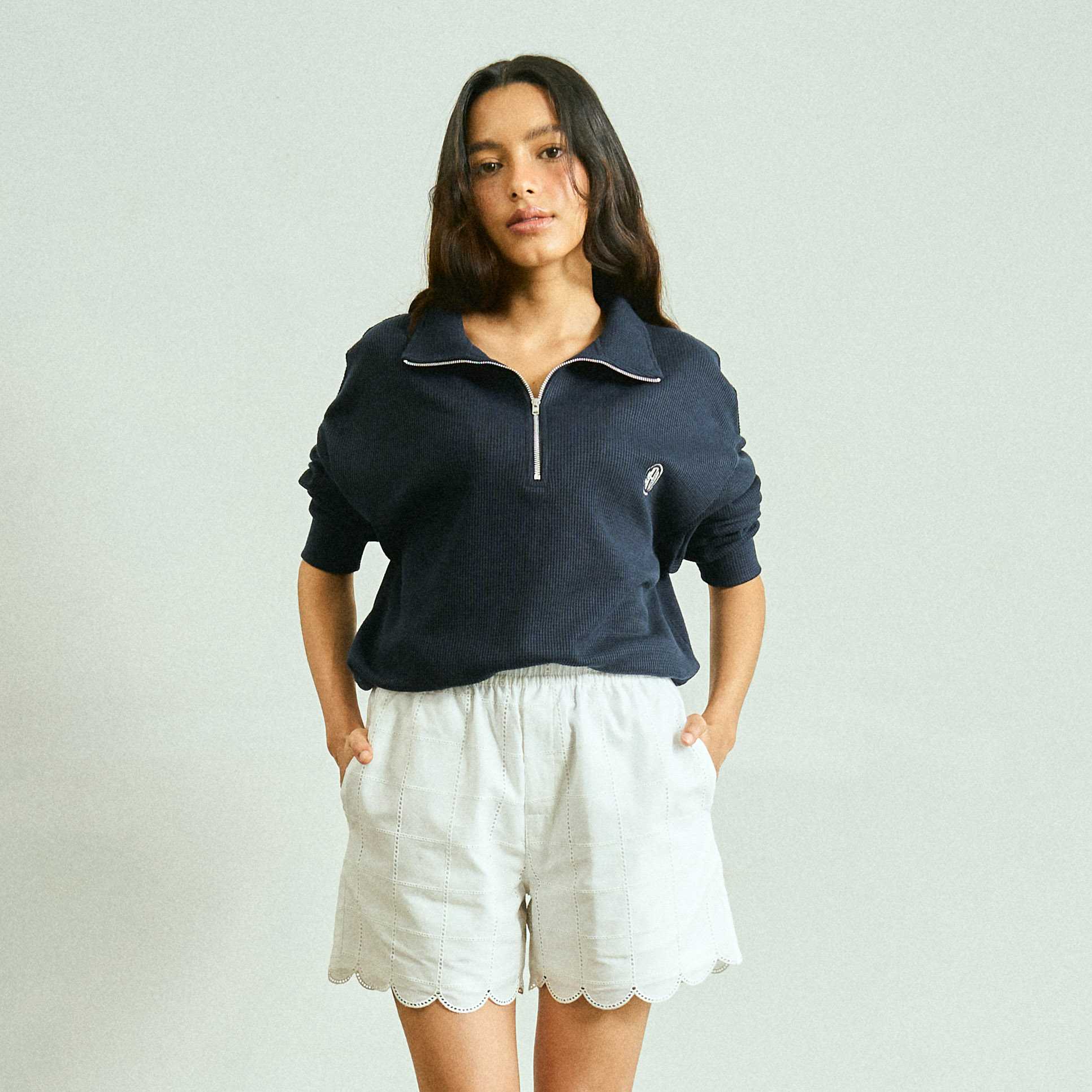 Long Sleeve Waffle Polo Zip Pullover Navy