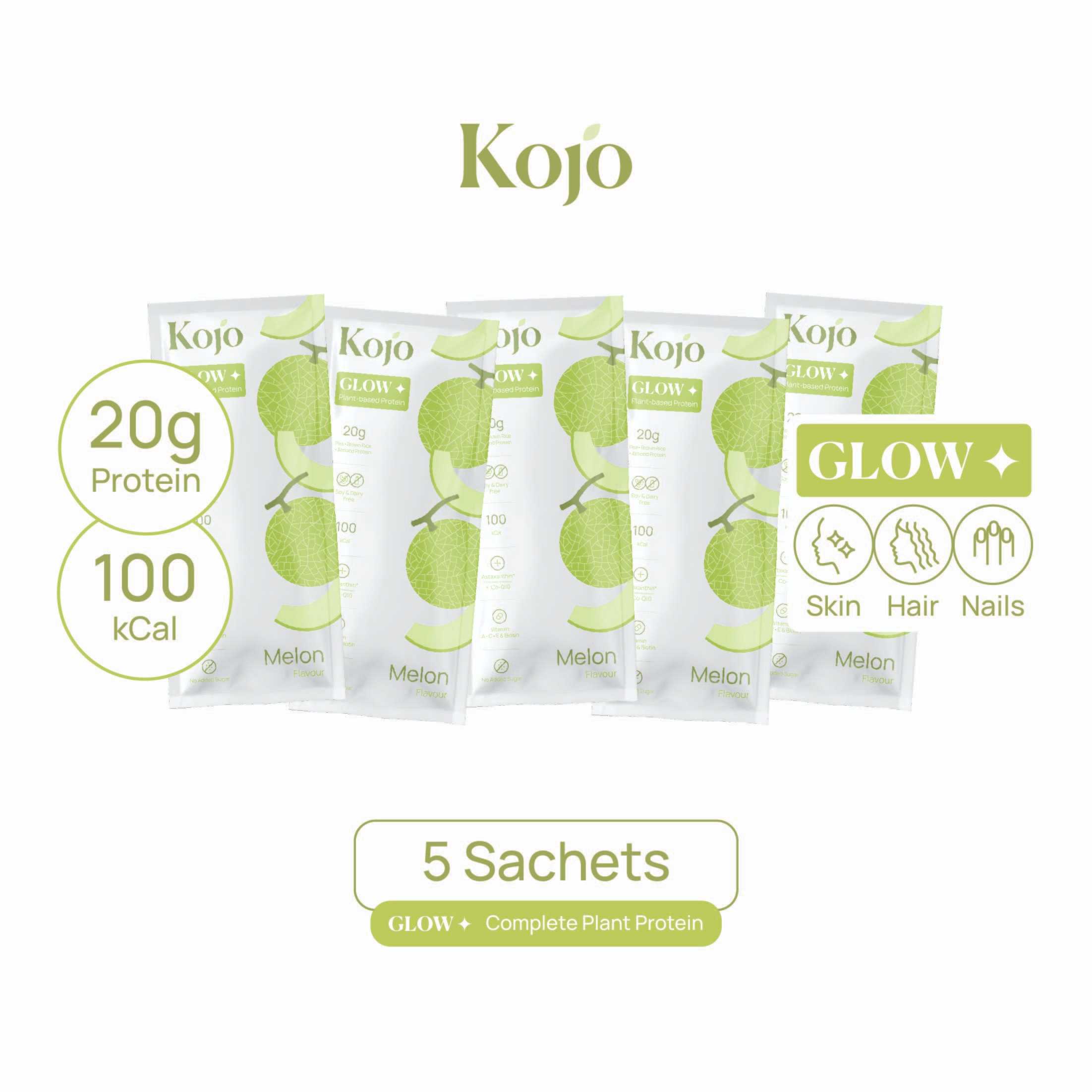 Kojo Glow Plant based Protein Melon flavour โคโจ โกลว์ โปรตีนจากพีช รสเมล่อน แบบกล่อง 5 ซอง