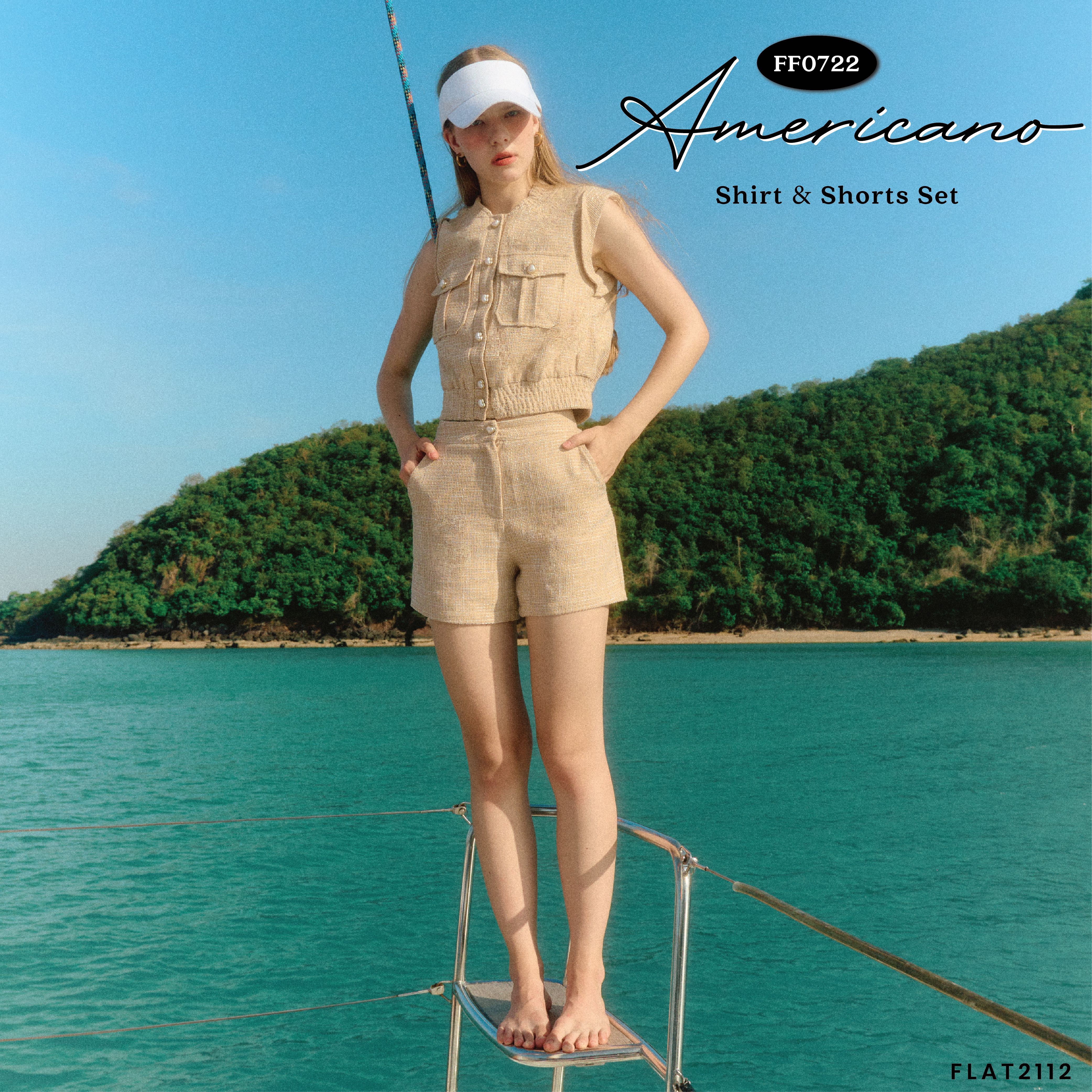 FLAT2112 FF0722 : AMERICANO SHIRT & SHORTS SET ชุดเซทผ้าทวีต แขนกุด ขาสั้น