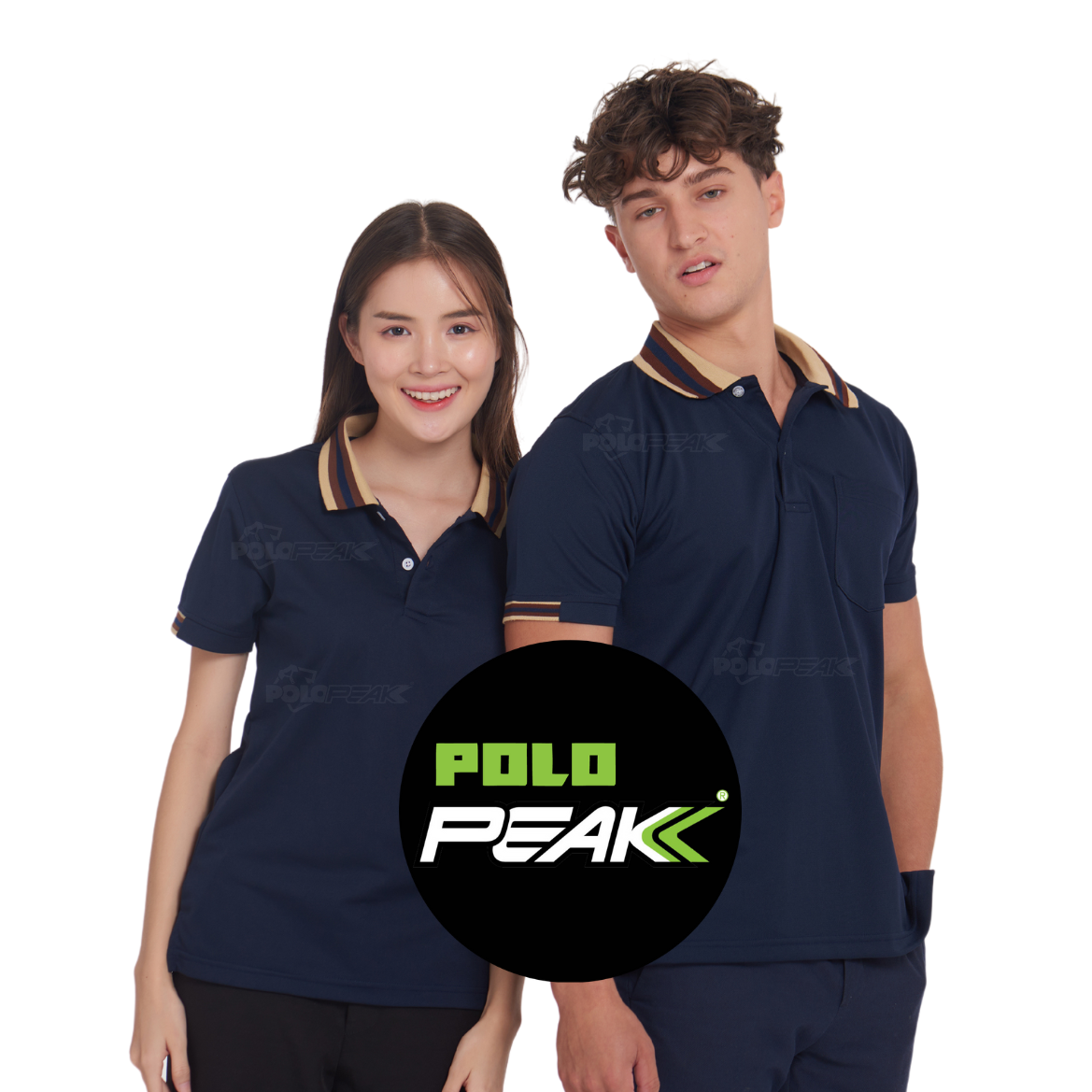 เสื้อโปโลสีกรมท่า ปกกากีริ้วน้ำตาลกรม แขนจั๊ม
