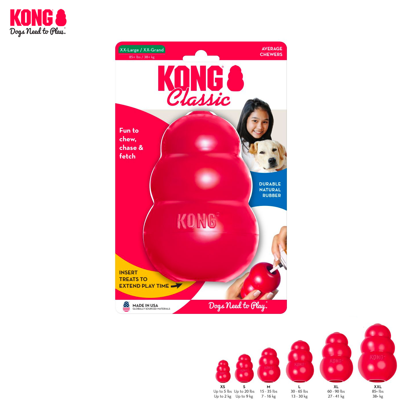 KONG Classic ของเล่น ยางกลมกัดเล่นสำหรับสุนัขทุกวัย แกนกลางมีรูซ่อนขนมได้ ยางสีแดงทนทาน กัดเล่นได้ทั