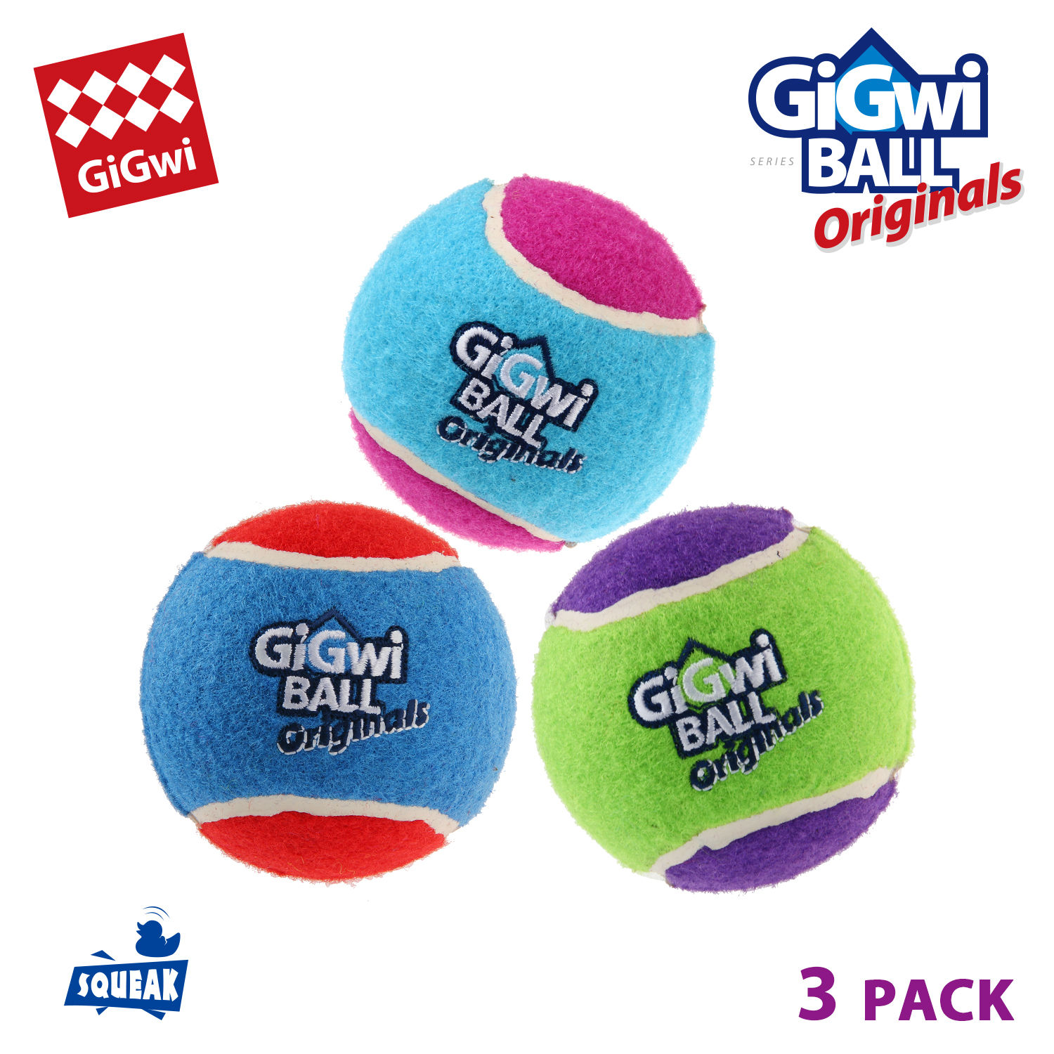 GiGwi Ball Originals Squeak ของเล่นสุนัข ลูกบอลเทนนิส แพ็ค 3 ลูก บีบมีเสียง เด้งได้ ลอยน้ำได้ (Bounc