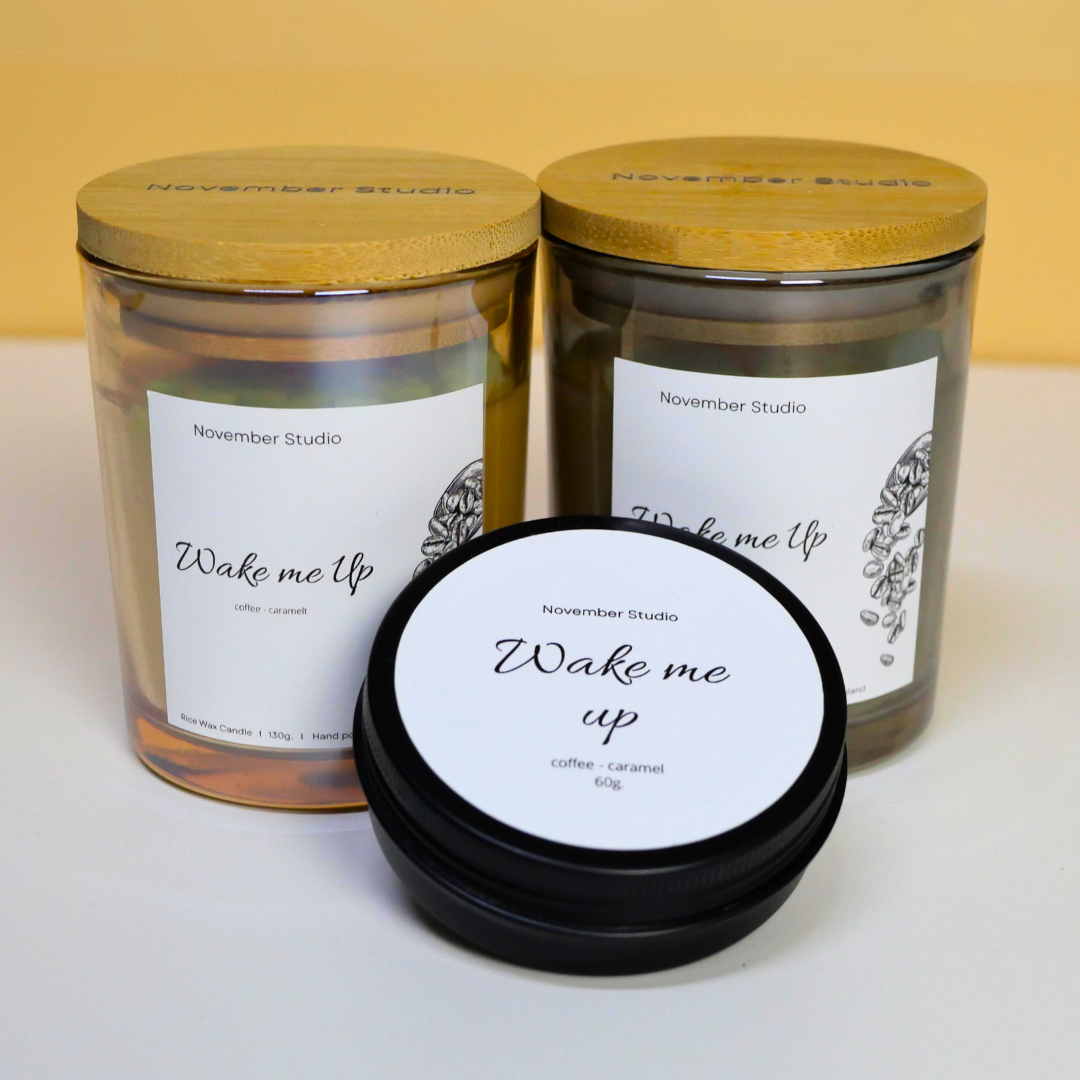 เทียนหอม ไขข้าวไทย กลิ่น Wake me up กาแฟคาราเมล หอม นาน ขนาด 60 เเละ 130 กรัม