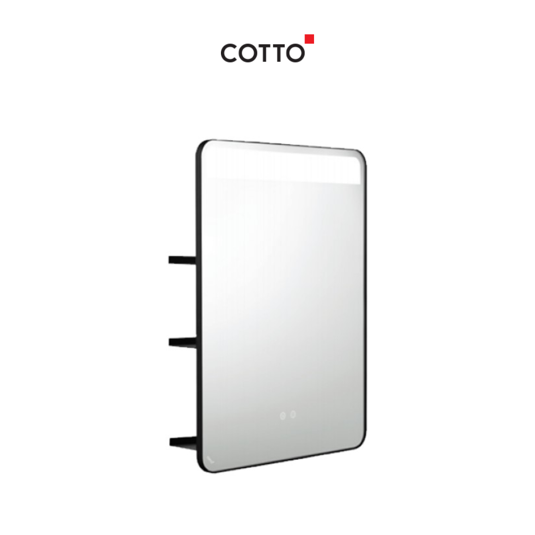 COTTO MFL001 กระจกเงากรอบโลหะ พร้อมไฟ LED และชั้นวางของ ขนาด 600 X 800 mm สีดำ