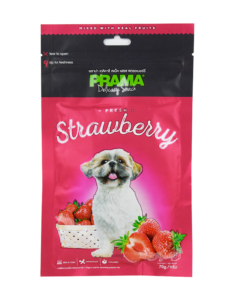 PRAMA Strawberry พราม่า สแน็ค ขนมสุนัขผสมเนื้อผลไม้จริง รสสตรอเบอรี่ บำรุงขน+ต้านอนุมูลอิสระ+คอลลาเจ