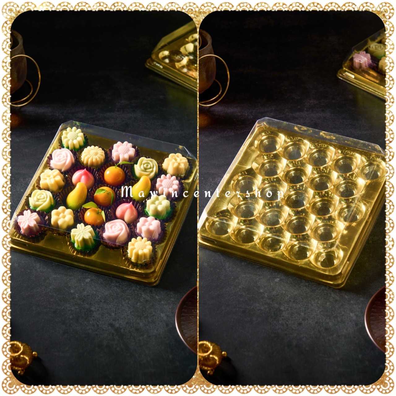 P161IM51GL ถาดขนมลูกชุป ถาดเบเกอรี่ฐานทอง ไฮโซ23หลุม ปลีกลด (ห่อ10ชุด)