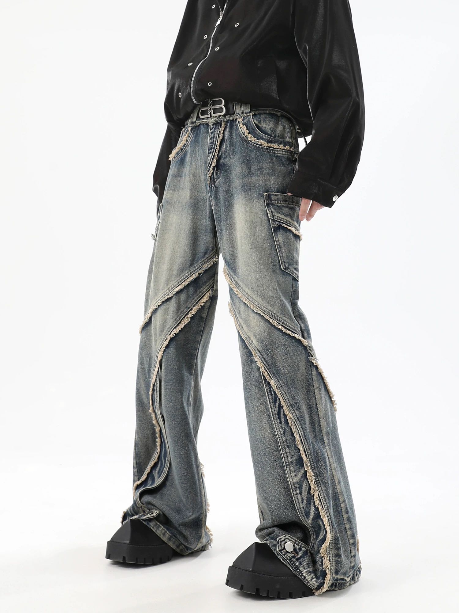 Splicing wide leg pants กาวเกงยีนส์ขากว้างทรงหลวม