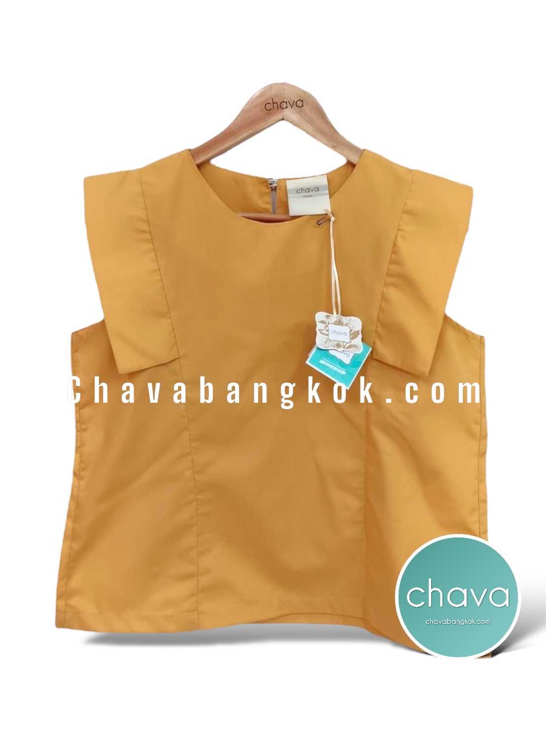 เสื้อ Top / BLOUSE สีเหลือง มัสตาร์ด คอกลม แขนปีก กระดุมหลัง