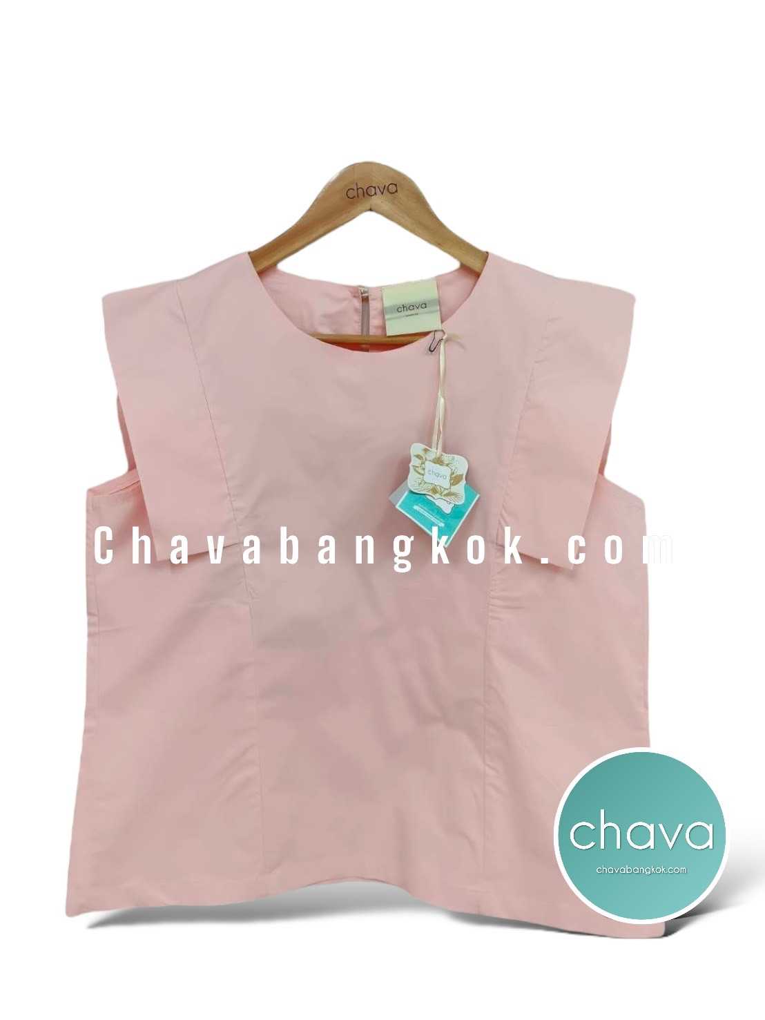 เสื้อ Top / BLOUSE สีชมพูอ่อน คอกลม แขนปีก กระดุมหลัง
