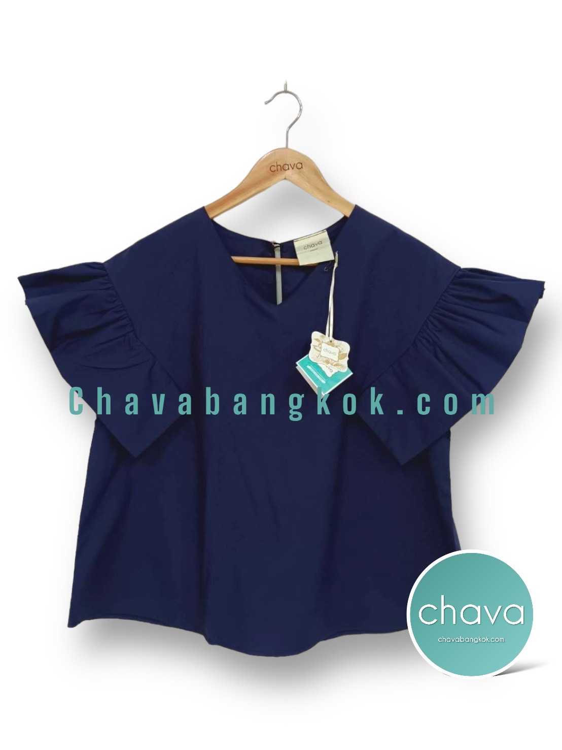 เสื้อ Top / BLOUSE สีน้ำเงินเข้ม คอวี แขนระบาย กระดุมหลัง