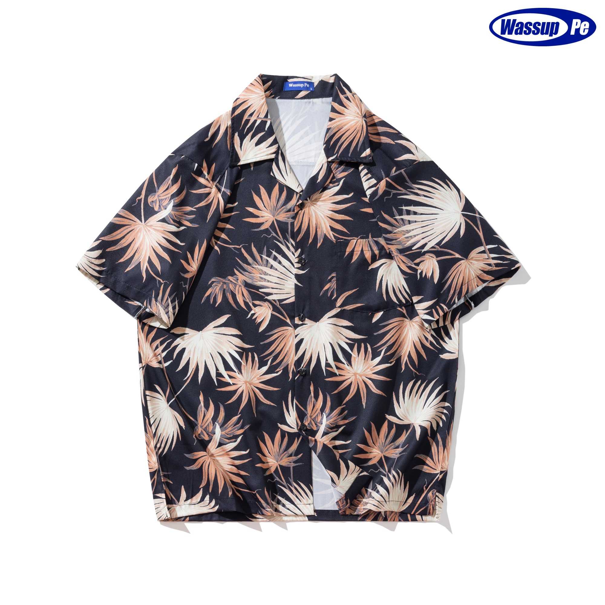 เสื้อเชิ้ตฮาวาย คอวี ปกเชิ้ต  Wassup pe / ลาย Sunset  #ลายใบเข็ม ดำ A037