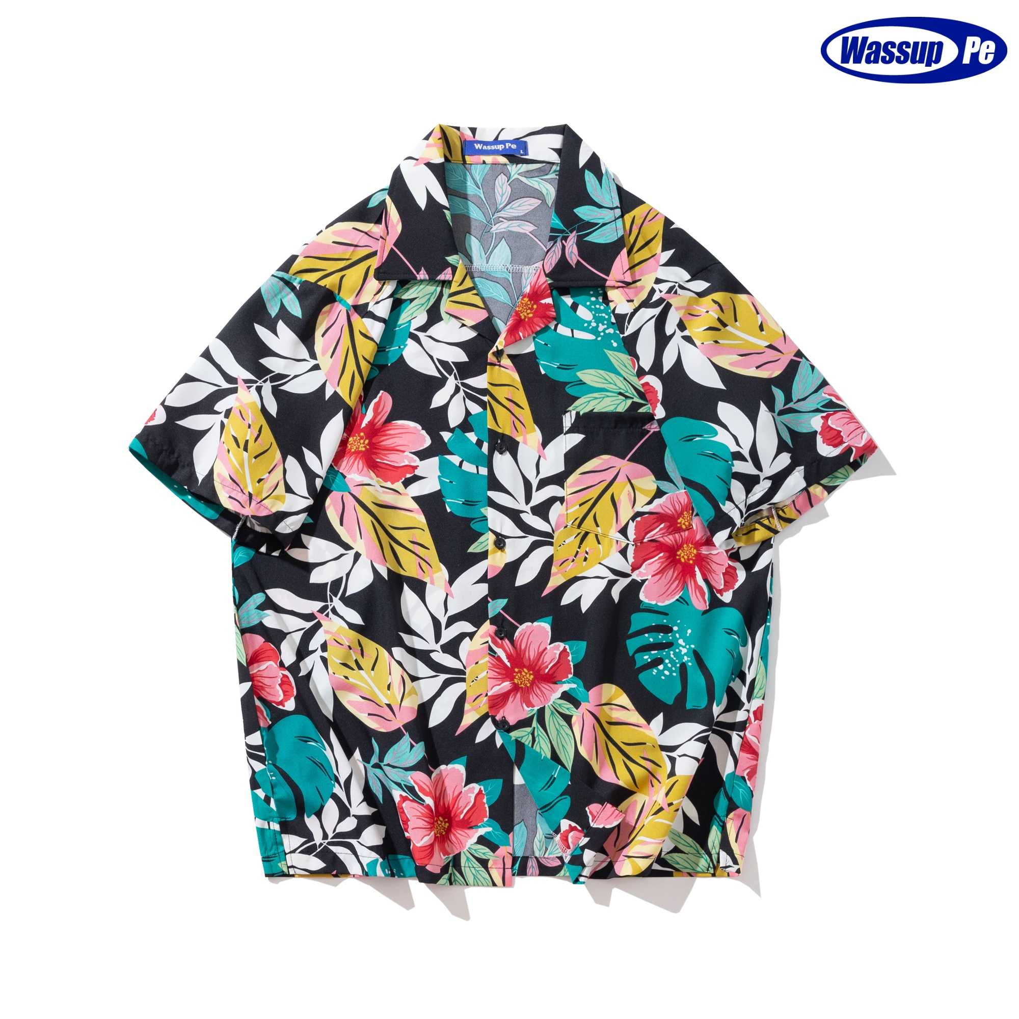 เสื้อเชิ้ตฮาวาย คอปกเชิ้ต  Wassup pe / ลาย Sunset  #ลายสลิ่มดำ A046