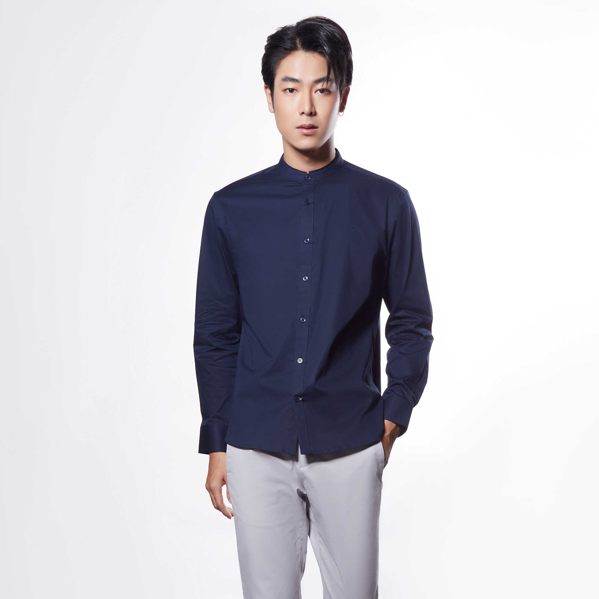 เสื้อเชิ้ตคอปกทรงจีน สีน้ำเงินเข้ม | 03480